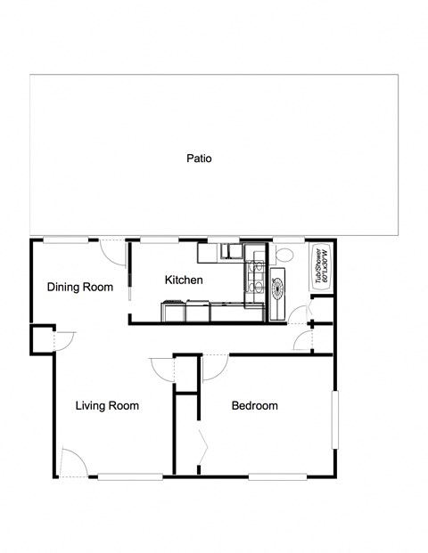 Floor plan for 1 bed, 1 bath, 699 sqft
