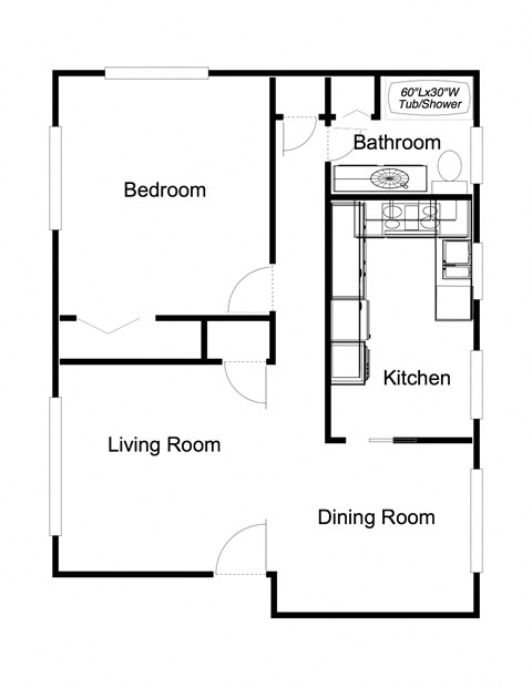 Floor plan for 1 bed, 1 bath, 679 sqft