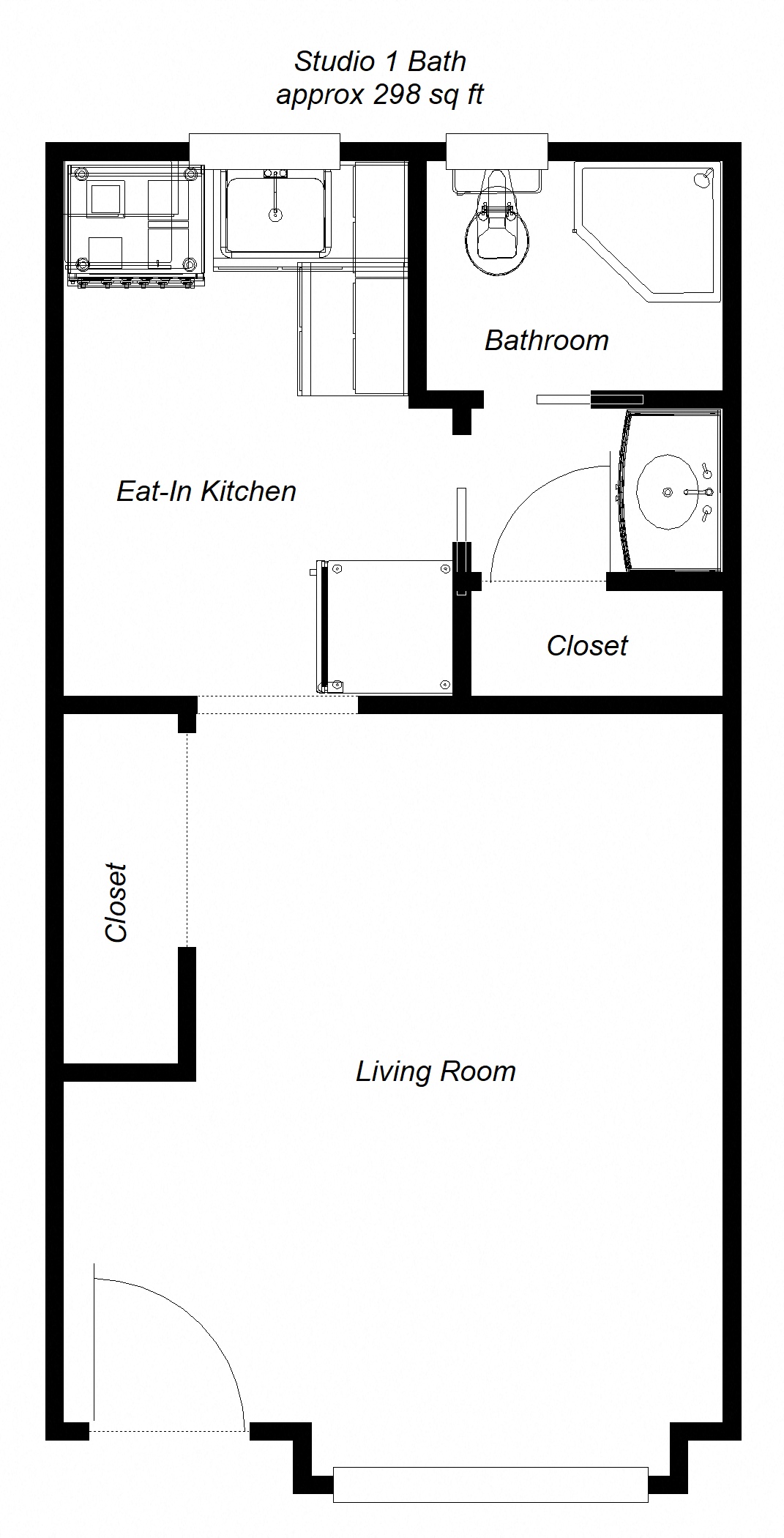 Floor plan for studio, 1 bath, 295 sqft