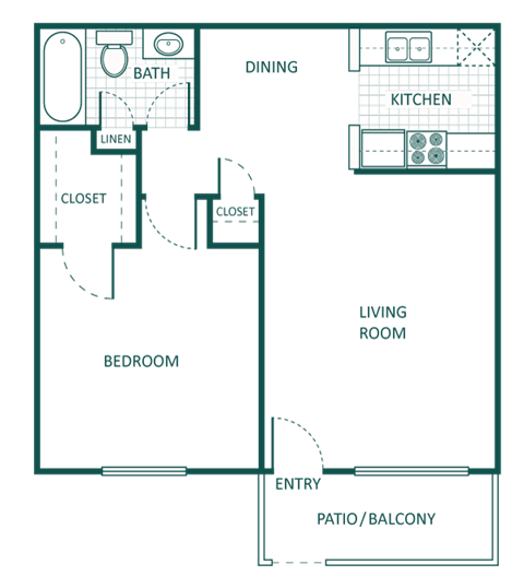 Floor plan for 1 bed, 1 bath, 592 sqft