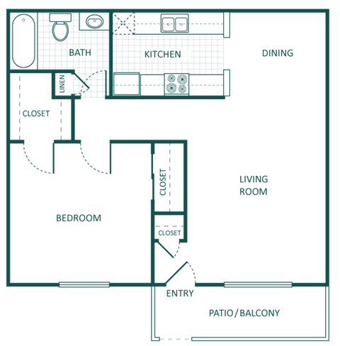 Floor plan for 1 bed, 1 bath, 703 sqft