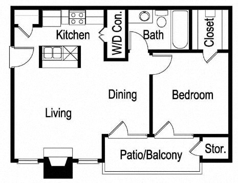 Floor plan for 1 bed, 1 bath, 632 sqft