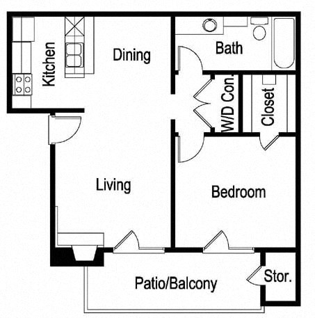 Floor plan for 1 bed, 1 bath, 660 sqft