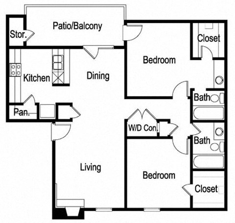 Floor plan for 2 beds, 2 baths, 967 sqft