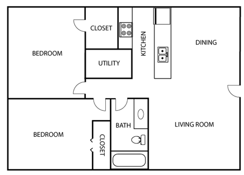 Floor plan for 2 beds, 1 bath, 802 sqft