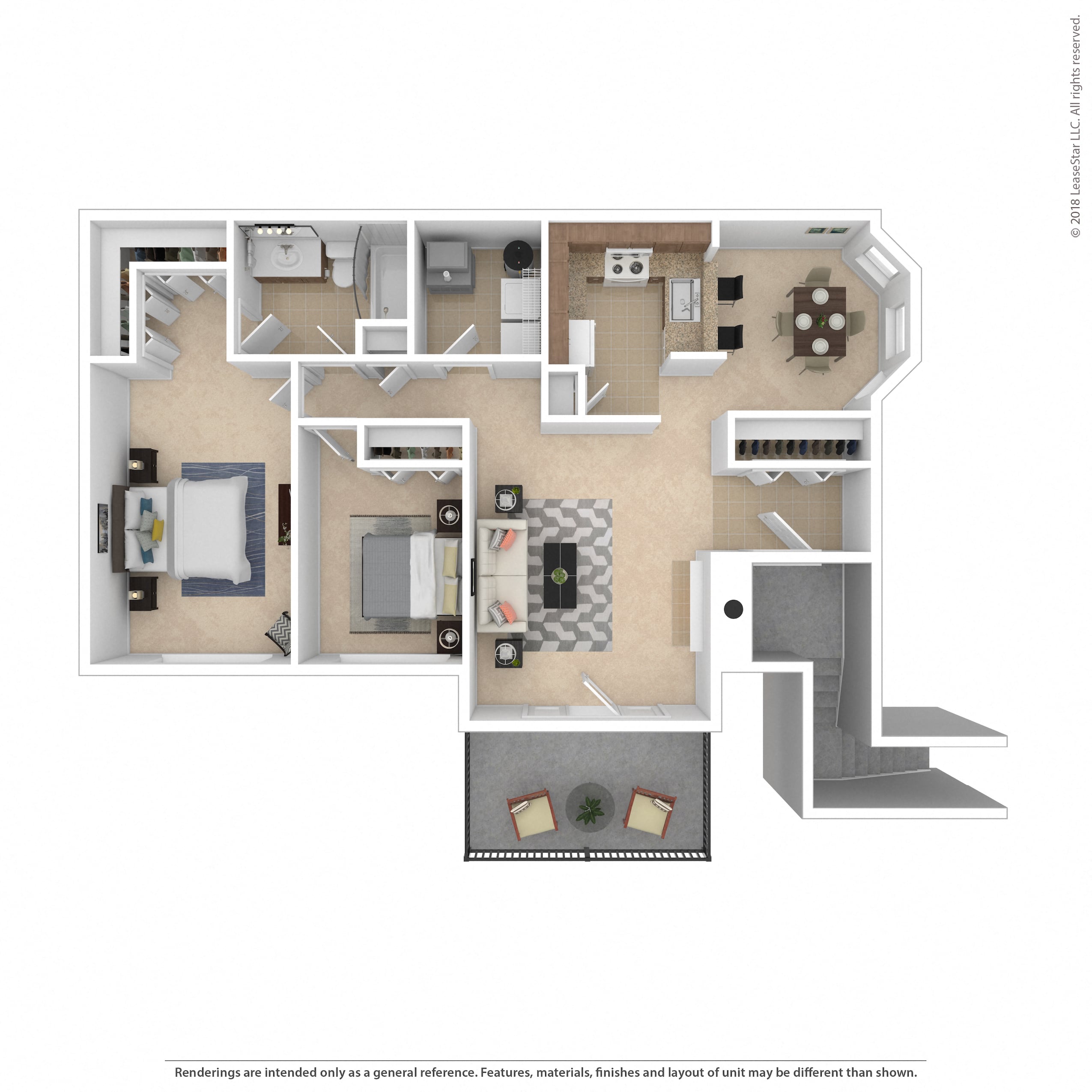 Floor plan for 2 beds, 1 bath, 988 sqft