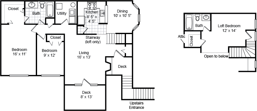 Floor plan for 3 beds, 2 baths, 1256 sqft