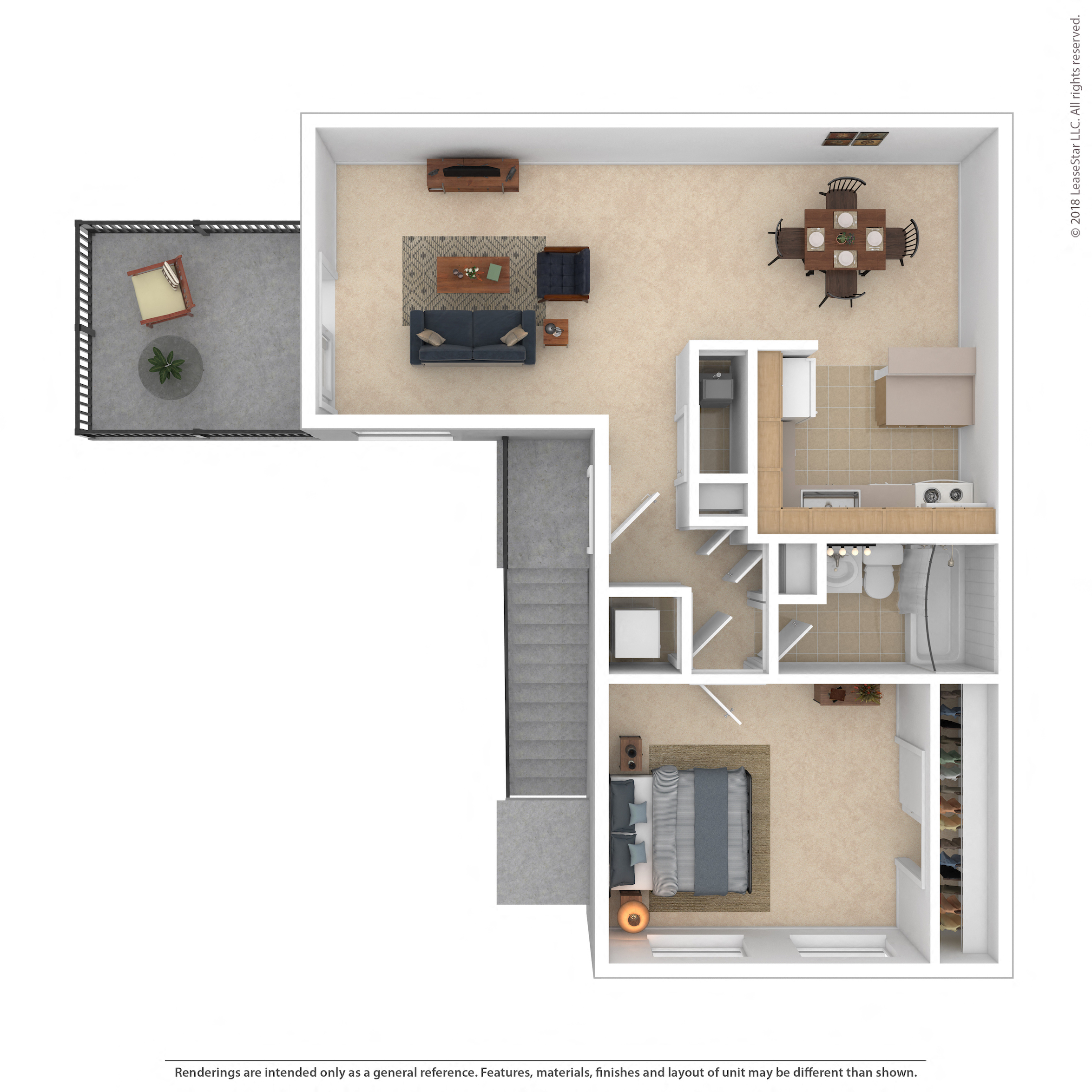 Floor plan for 1 bed, 1 bath, 734 sqft