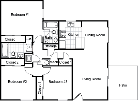 Floor plan for 3 beds, 2 baths, 1180 sqft