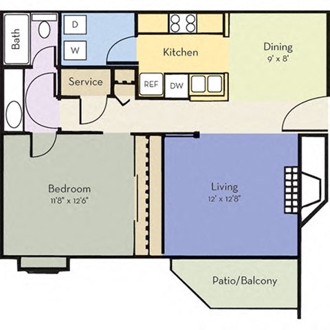 Floor plan for 1 bed, 1 bath, 720 sqft