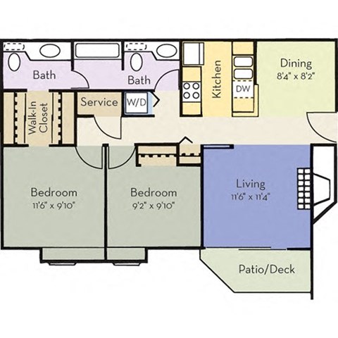 Floor plan for 2 beds, 1.5 baths, 860 sqft