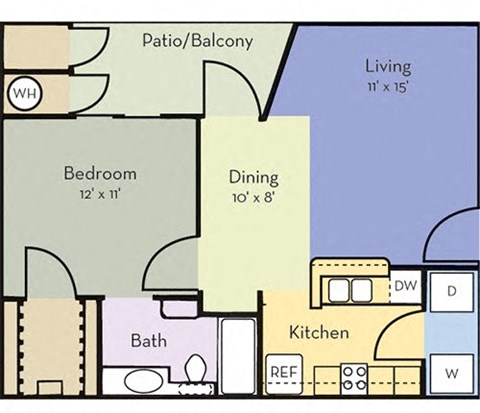 Floor plan for 1 bed, 1 bath, 667 sqft