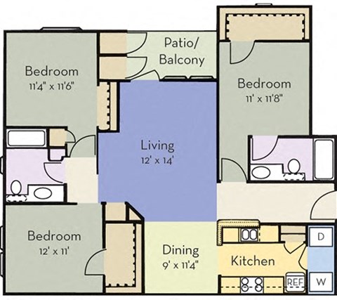 Floor plan for 3 beds, 2 baths, 1308 sqft
