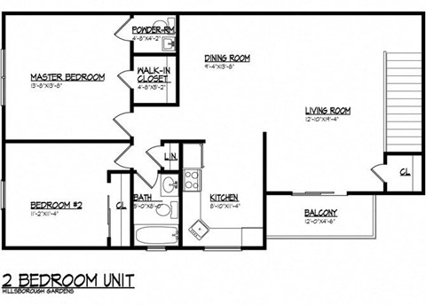 Floor plan for 2 beds, 1 bath, 1096 sqft