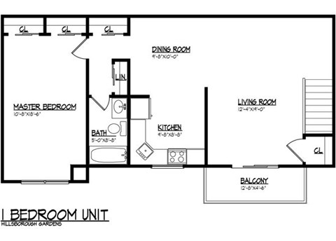 Floor plan for 1 bed, 1 bath, 872 sqft