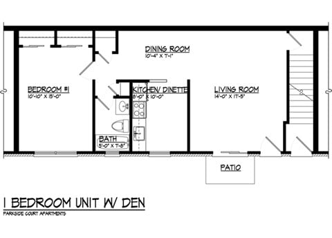 Floor plan for 1 bed, 1 bath, 1650 sqft