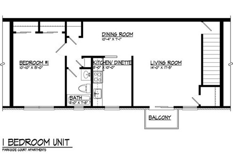 Floor plan for 1 bed, 1 bath, 765 sqft