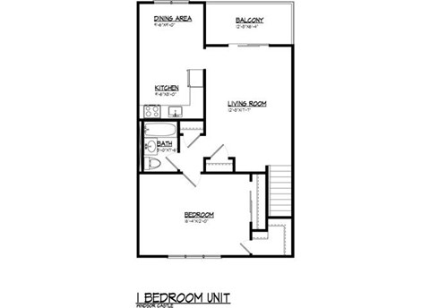 Floor plan for 1 bed, 1 bath, 763 sqft