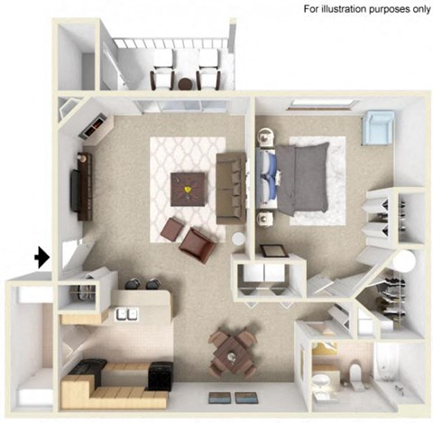 Floor plan for 1 bed, 1 bath, 856 sqft
