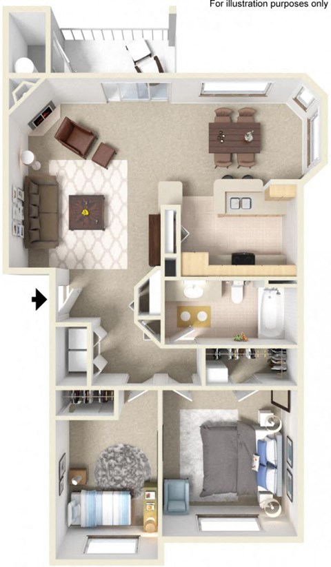 Floor plan for 2 beds, 1 bath, 991 sqft