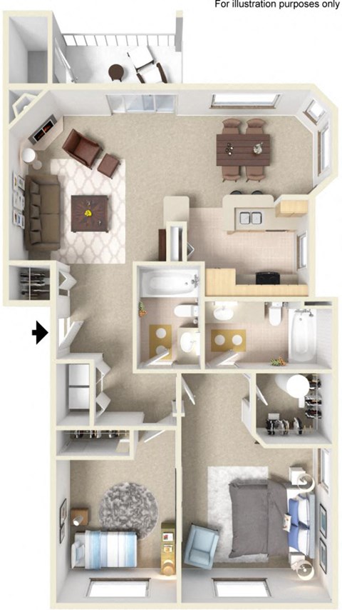 Floor plan for 2 beds, 2 baths, 1283 sqft