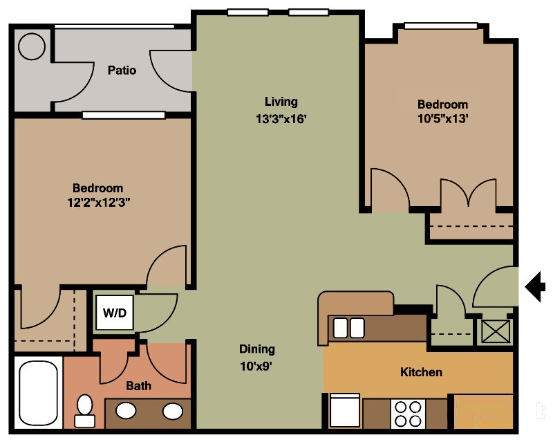Floor plan for 2 beds, 1 bath, 993 sqft