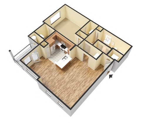 Floor plan for 1 bed, 1 bath, 965 sqft