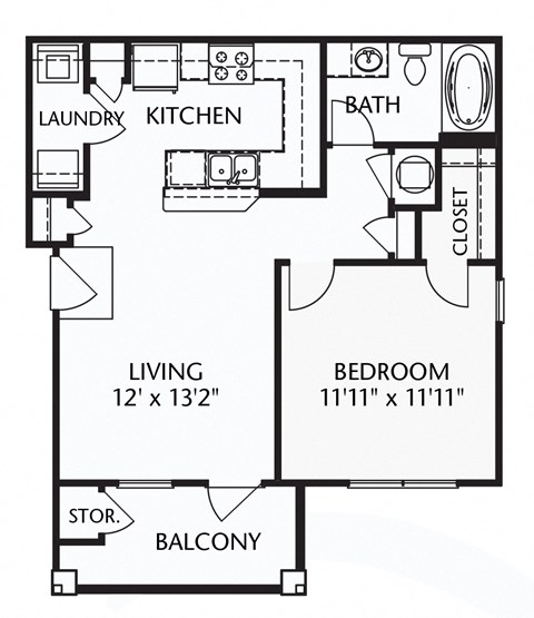 Floor plan for 1 bed, 1 bath, 645 sqft