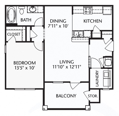 Floor plan for 1 bed, 1 bath, 751 sqft
