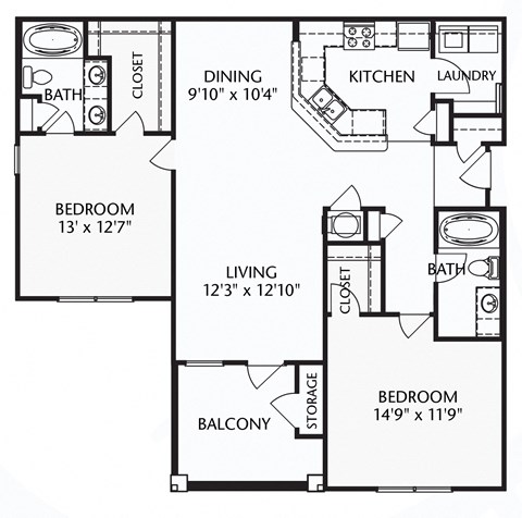 Floor plan for 2 beds, 2 baths, 1203 sqft
