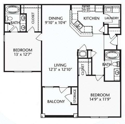 Floor plan for 2 beds, 2 baths, 1203 sqft