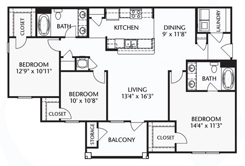 Floor plan for 3 beds, 2 baths, 1361 sqft