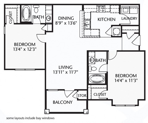 Floor plan for 2 beds, 2 baths, 1077 sqft