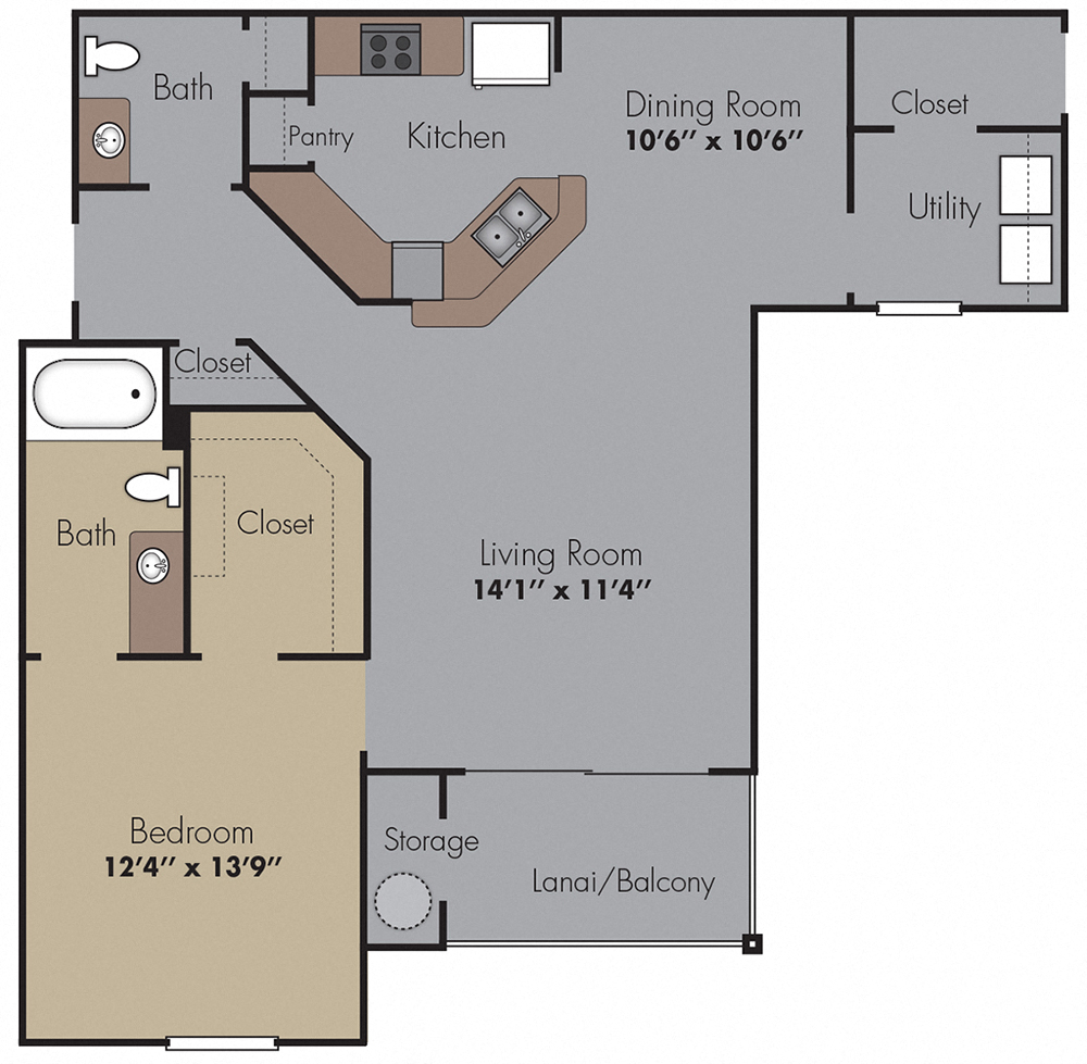Floor plan for 1 bed, 1.5 baths, 1050 sqft