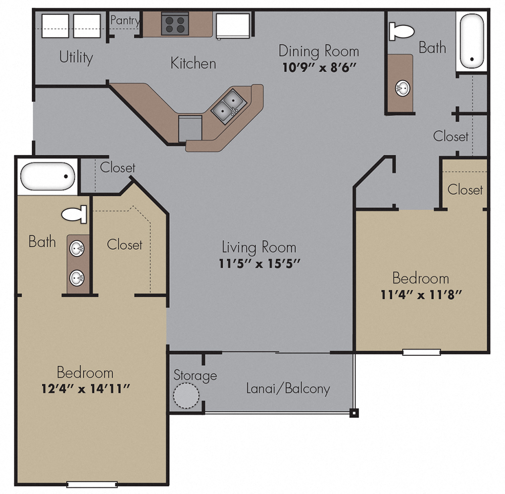 Floor plan for 2 beds, 2 baths, 1339 sqft
