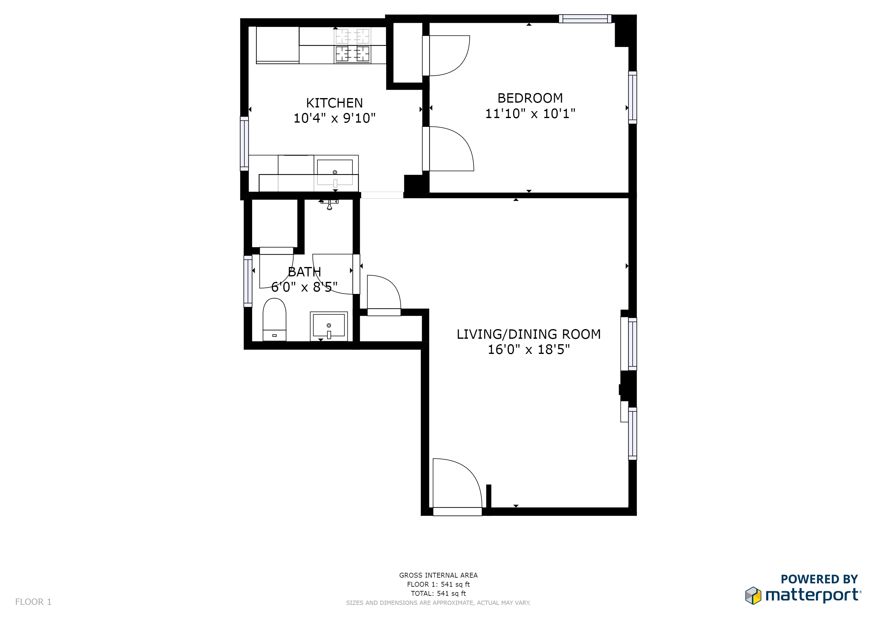 Floor plan for 1 bed, 1 bath, 650 sqft
