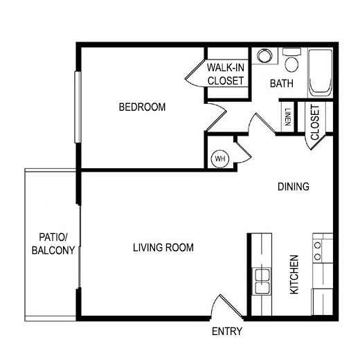 Floor plan for 1 bed, 1 bath, 680 sqft