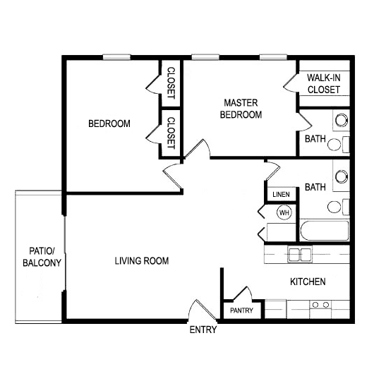 Floor plan for 2 beds, 1.5 baths, 890 sqft