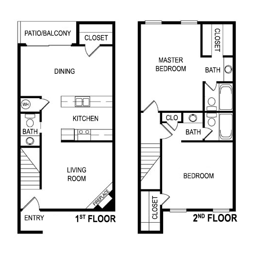 Floor plan for 2 beds, 2.5 baths, 1281 sqft