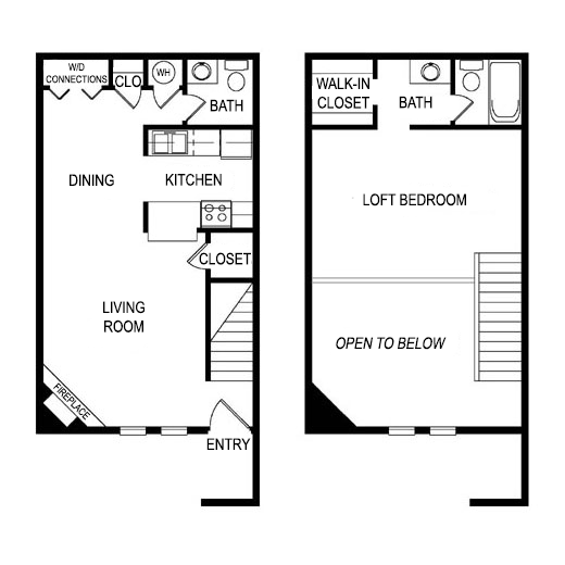 Floor plan for 1 bed, 1.5 baths, 857 sqft