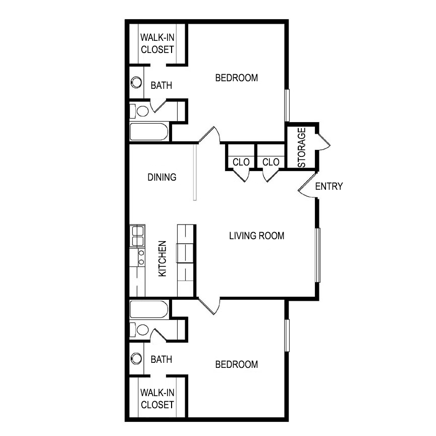 Floor plan for 2 beds, 2 baths, 1077 sqft