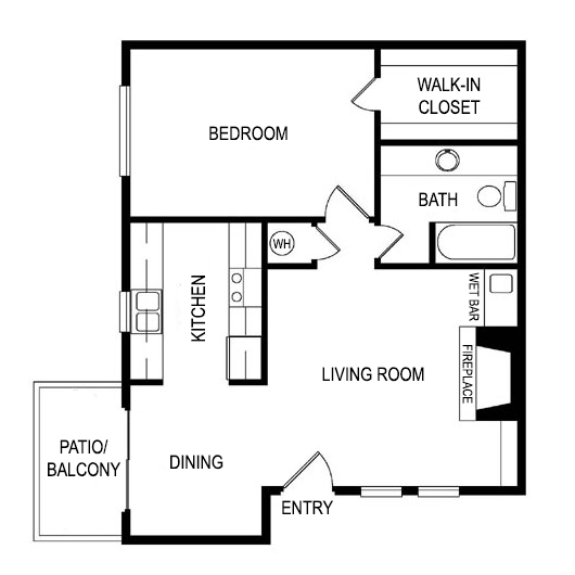 Floor plan for 1 bed, 1 bath, 688 sqft