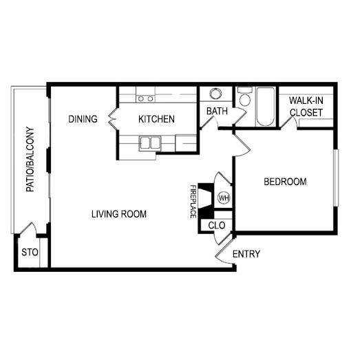Floor plan for 1 bed, 1 bath, 811 sqft
