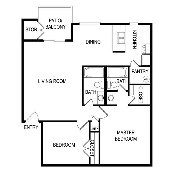 Floor plan for 2 beds, 2 baths, 917 sqft