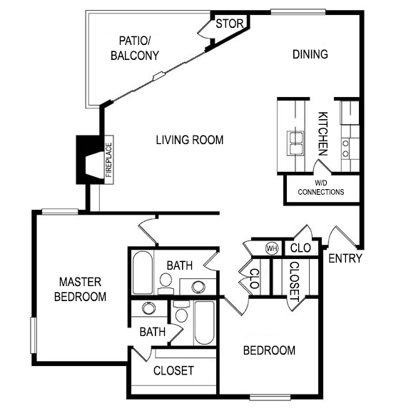 Floor plan for 2 beds, 2 baths, 1249 sqft