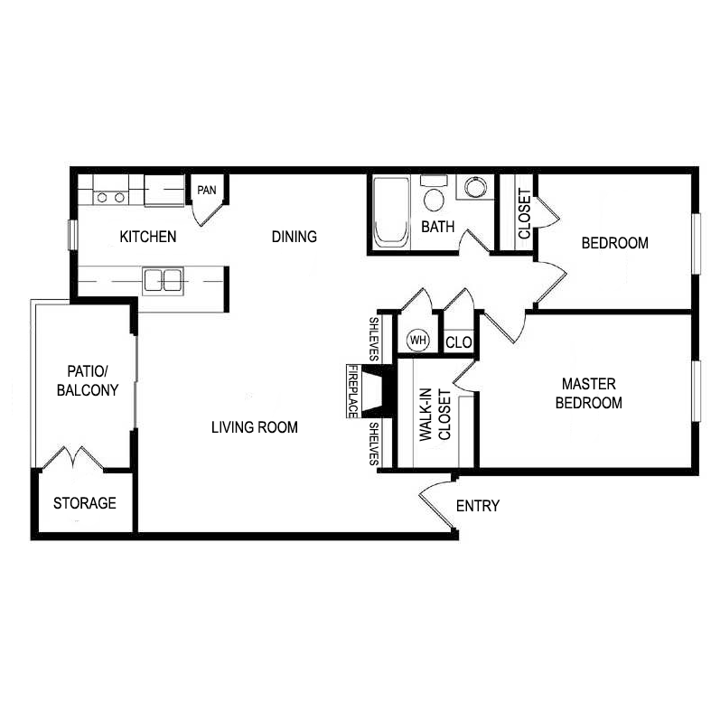 Floor plan for 2 beds, 1 bath, 831 sqft