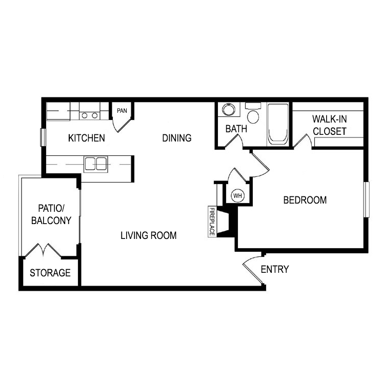 Floor plan for 1 bed, 1 bath, 673 sqft