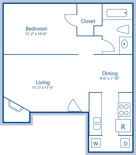 Floor plan for 1 bed, 1 bath, 641 sqft