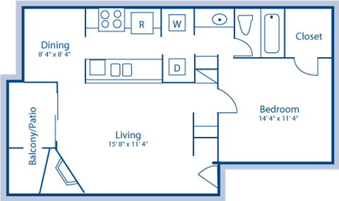 Floor plan for 1 bed, 1 bath, 698 sqft