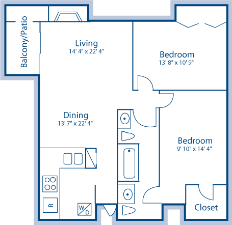 Floor plan for 2 beds, 1.5 baths, 836 sqft